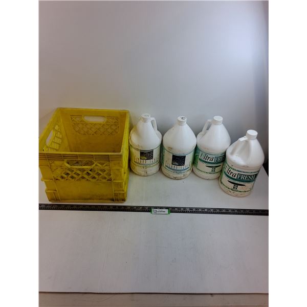 (4) 3.79 L Jugs of Shampoo, Body Soap, Laundry Soap (Some Partial), Plastic Milk Crate -PICK UP ONLY