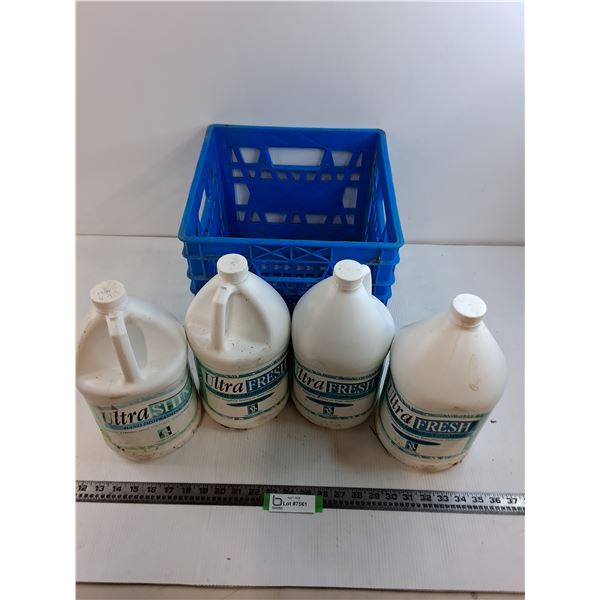 (4) 3.79 L Jugs of Laundry & Dish Soap, Plastic Milk Crate - PICK UP ONLY