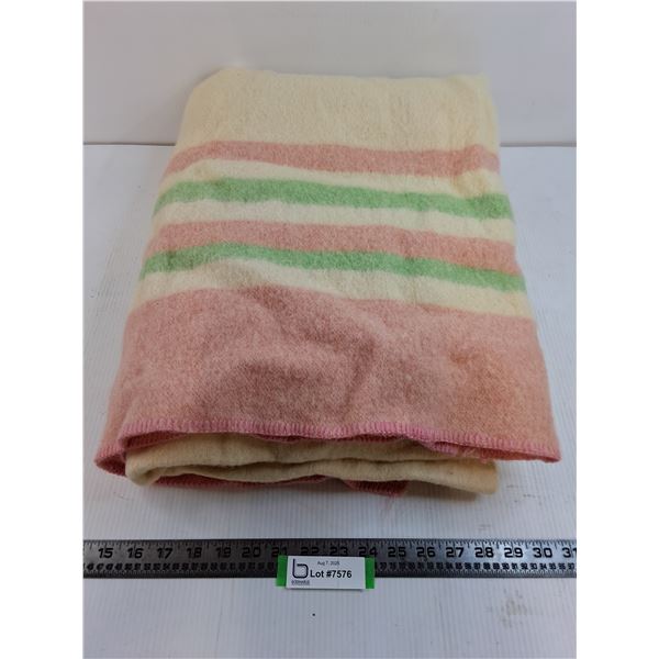 Vintage Ayers Pink/Green/Cream "Pure Wool" Blanket - 5' x 6' Approx