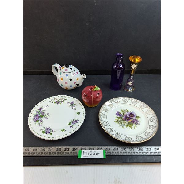 Polka Dot Tea Pot, Fine China Plates, Vases, "Apple" Salt & Pepper Shakers