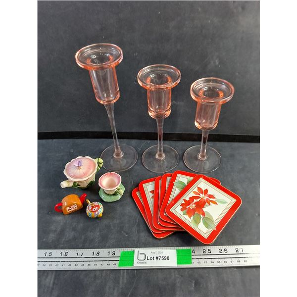Pink Glass Candle Holders, Miniature Tea Sets and Coasters