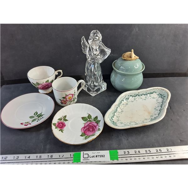 Glass Angel Figure, Saucers & Tea Cups, Ceramic Serving Plate and Ceramic Pot with Lid