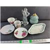 Image 1 : Glass Angel Figure, Saucers & Tea Cups, Ceramic Serving Plate and Ceramic Pot with Lid