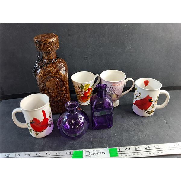 Liquor Decanter, Coffee Cups, Ceramic Mugs and Purple Glass Bottles