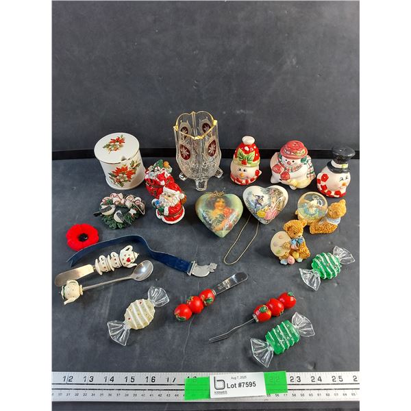 Ceramic Sugar Dish, The Poppy, Various Christmas and Easter Ornaments, Butter Knives and Misc