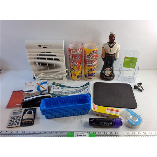 Vintage Arby's Pepsi Cola Cups, Barbados Rum Bottle, Electric Heater - Tested, Calculator and Misc