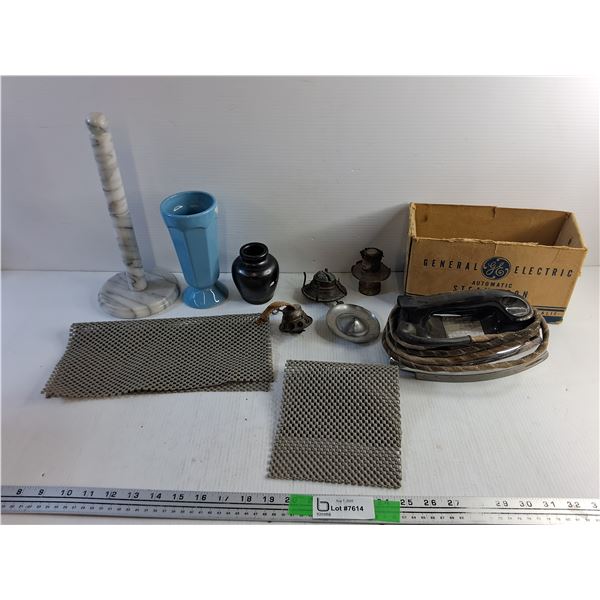 Paper Towel Holder, Ceramic Vase, General Electric Automatic Steam Iron - As Is and Non Slip Mats
