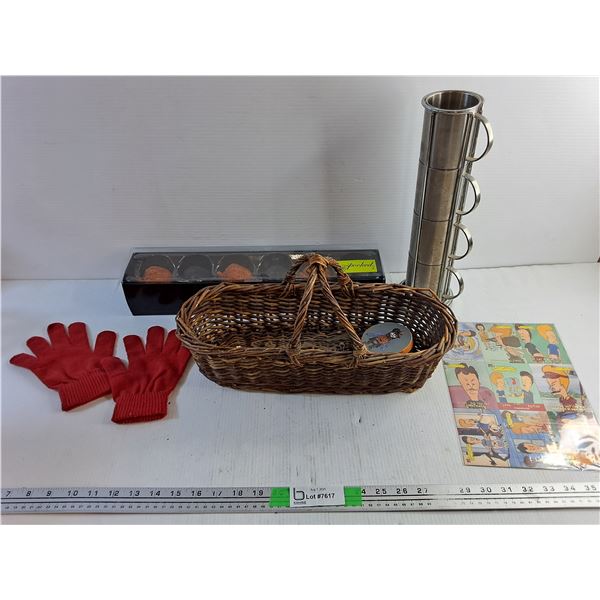 Halloween Decor, Wicker Basket, Metal Mugs, Winter Gloves and Beavis and Butthead Cards