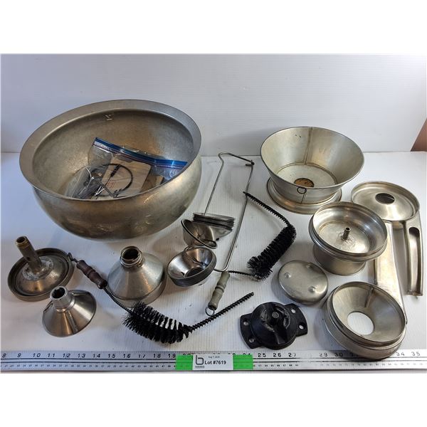 Vintage Cream Separator Parts - Metal Bowl, Crank Handle, Brushes and Misc
