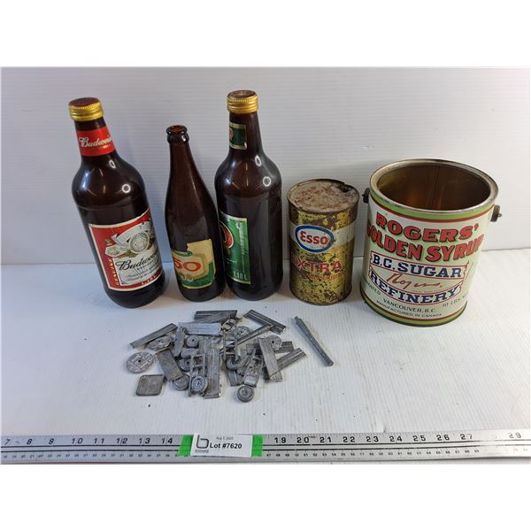 Vintage Beer Bottles - Budweiser & Labatt, Esso Engine Oil Tin and Rogers Golden Syrup Tin and Misc
