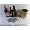 Image 1 : Vintage Beer Bottles - Budweiser & Labatt, Esso Engine Oil Tin and Rogers Golden Syrup Tin and Misc