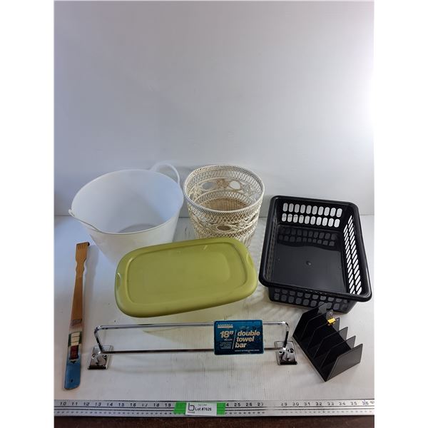 24" Double Towel Bar, Wooden Back Scratcher, Baskets, Container with Lid and Misc