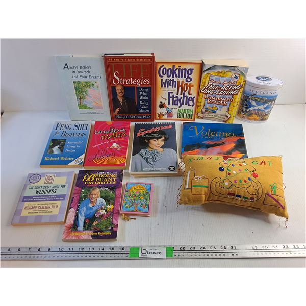 Xmas Cat Pillow, Scotland Tin and Books - Lois Hole, Bathroom Reader and Feng Shui