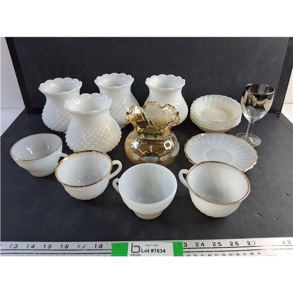 Milk & Amber Glass Kerosene Lamp Shades, Milk Glass Tea Cups & Saucers and Wine Goblet