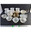 Image 1 : Milk & Amber Glass Kerosene Lamp Shades, Milk Glass Tea Cups & Saucers and Wine Goblet
