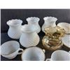 Image 2 : Milk & Amber Glass Kerosene Lamp Shades, Milk Glass Tea Cups & Saucers and Wine Goblet
