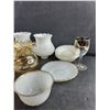 Image 4 : Milk & Amber Glass Kerosene Lamp Shades, Milk Glass Tea Cups & Saucers and Wine Goblet
