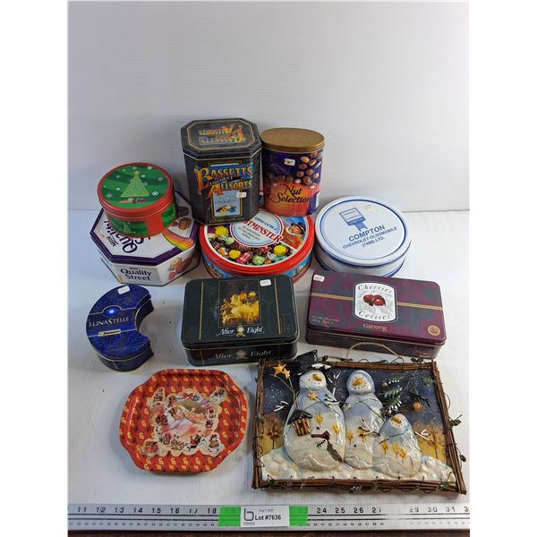 Christmas Wall Decor, Tray and Various Chocolate Tin Cans