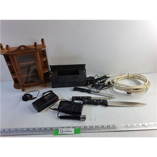 Miniature Display Rack 10" x 9" x 3", TV Cable, Microcassette Tape Recorders, Kitchen Knives, Misc