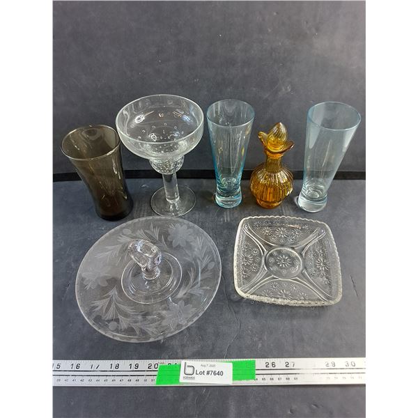 Amber Glass Decanter, Glass Cups, Goblet, Square Glass Tray and Dessert Stand