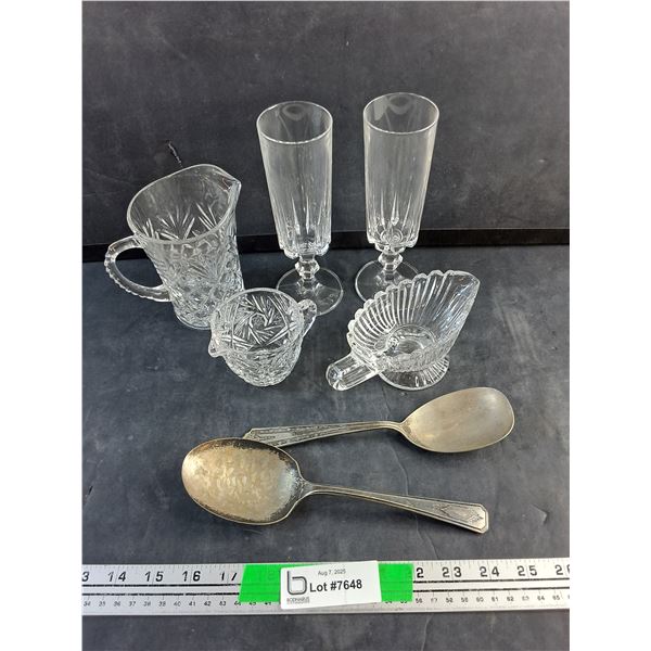 Crystal Creamer, Pitcher & Goblets, Glass Gravy Boat and Silverplated Spoons