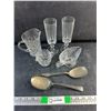 Image 1 : Crystal Creamer, Pitcher & Goblets, Glass Gravy Boat and Silverplated Spoons