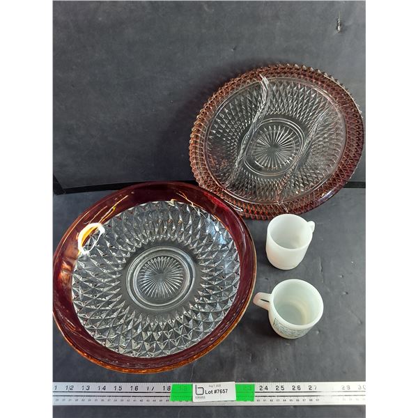 Milk Glass Mugs, Large Round Glass Bowl and Divided Round Glass Platter