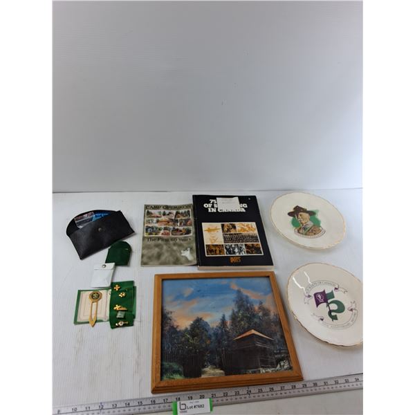 (2) Boy Scouts Plates, Assorted Pins, Boy Scouts Painting - 13'' x 11''