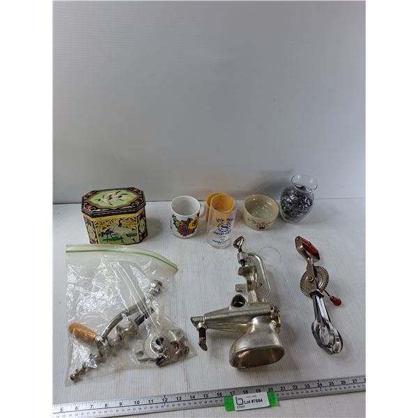 Decorative Tin, Hand Mixer, Vintage Meat Grinder, Misc