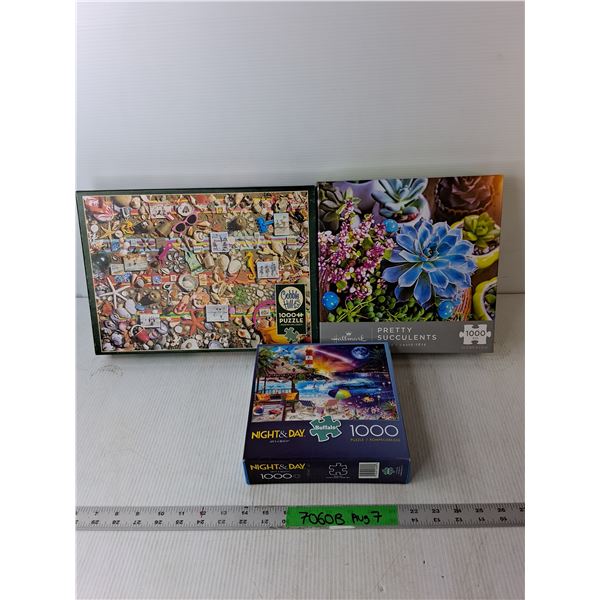 (3) 1000 Piece Puzzles- 'Night & Day, Pretty Succulents, Beach Scene'  -  Complete