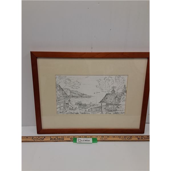 Sunset Retreat Scene Pencil Sketch Art in Frame - 19.5" x 14.5"