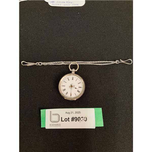 European Pocket Watch - Marked Silver on Case - w/Chain, Key Wind, Key & Glass Missing