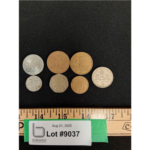(2) Franc & Half Franc Coins & (5) Pence Coins - Assorted