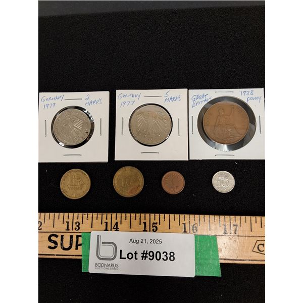 (7) Coins: (5) Germany Marks, Great Britain 1938 Penny, Assorted European Coins