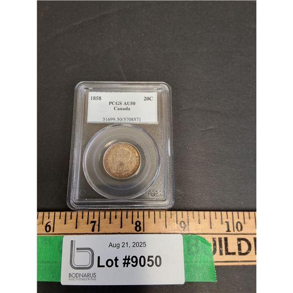 PCGS  AU50 Graded Canadian 1858 Twenty Cent Coin