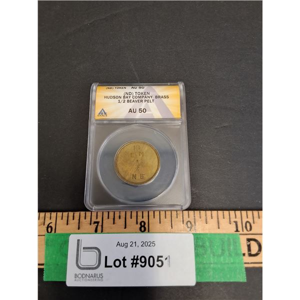 AU 50 Graded Hudson Bay Trading Company 1/2 Beaver Pelt Trading Coin