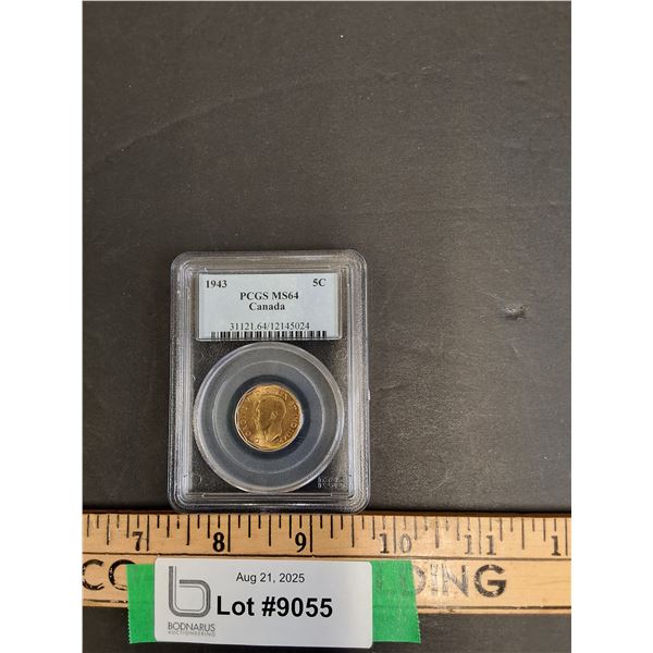 PCGS MS64 Graded Canadian 1943 Five Cent Coin