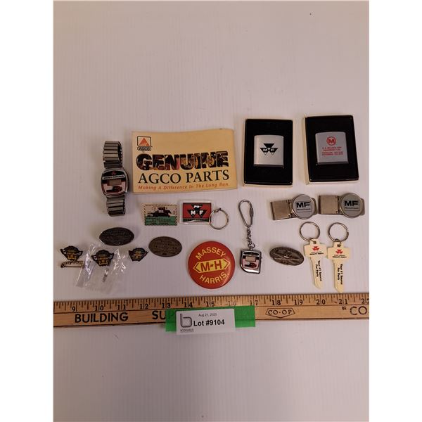 Massey Ferguson Tape Measures, Collector Pins, Money Clips, Watch (May Need Battery), Skidoo Pins, M