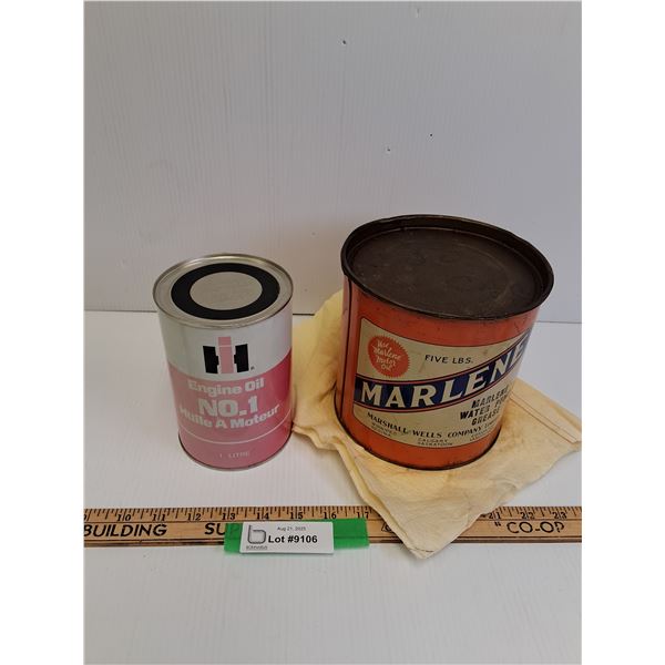 Marlene Water Pump Grease Can & International Harvester Engine Oil Can - FULL - CANNOT SHIP