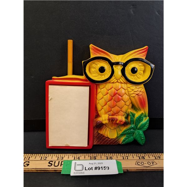 Vintage Miller Studios Chalkware Owl Wall Hanging Notepad/Grocery List w/Pencil Holder - 7" x 7"