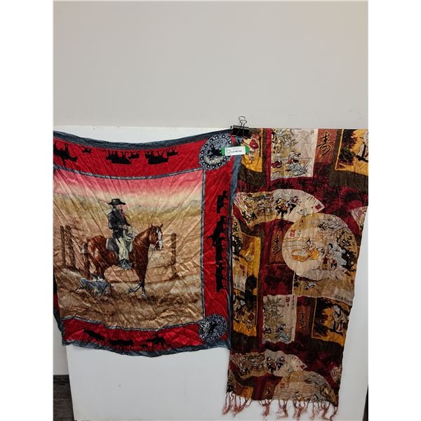 (2) Silk Scarves: Asian Theme & Western Theme
