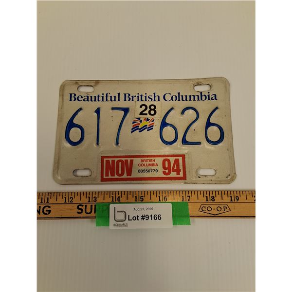 British Columbia Motorcycle License Plate - 1994 Sticker