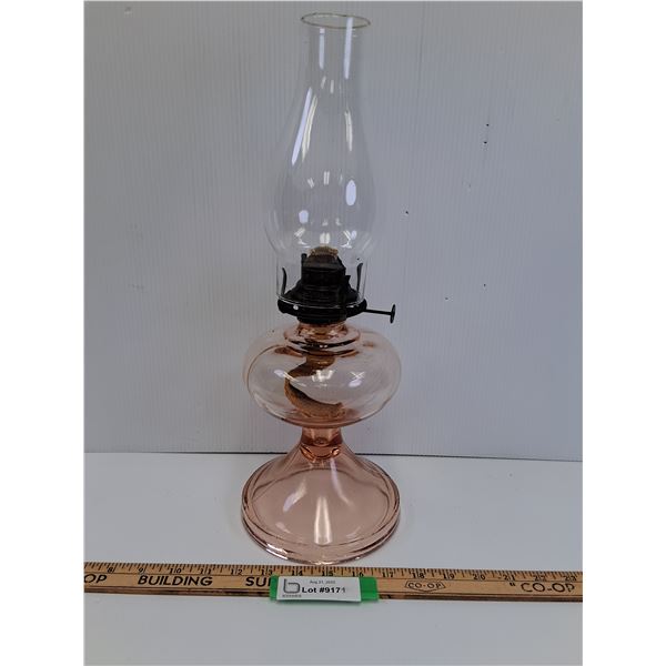 Antique Pink Depression Glass Kerosene/Oil Lamp Base w/Hurricane Glass Shade - 17" x 6"