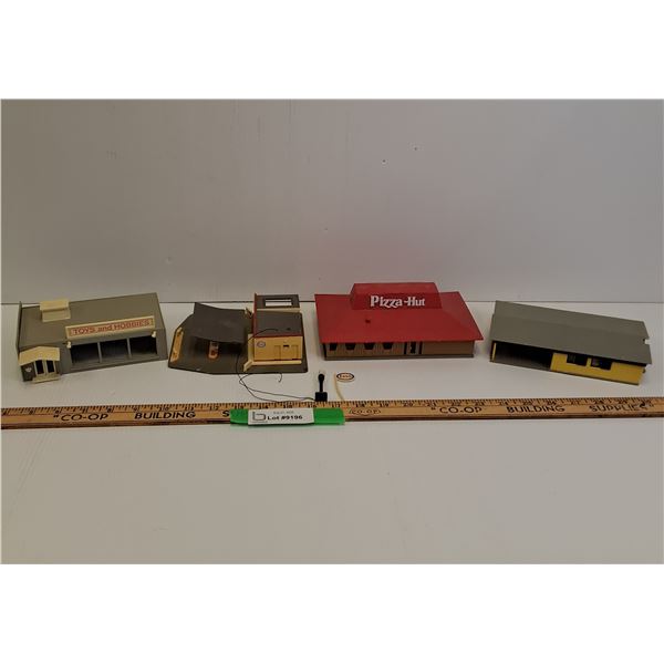 (4) Model Train Village Buildings: Pizza Hut, Esso, Toys & Hobbies, and House