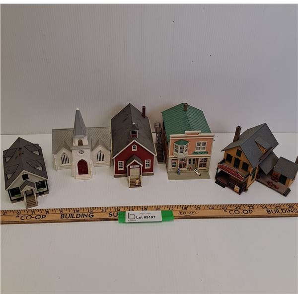 (5) Model Train Village Buildings: Church, School, General Store, Hardware Store, House