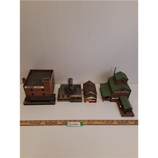 (4) Model Train Village Buildings:  Coop, Craig Feed Mill, House, Metal Works