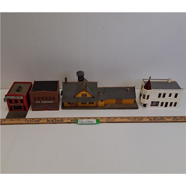 (4) Model Train Village Buildings: Dentist, Hardware, Train Station, Corner Store