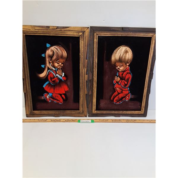 (2) Black Velvet Paintings of Children Praying (Girl & Boy) in Wood Frames - 15" x 21" Each