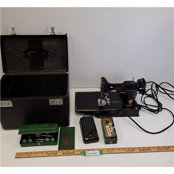 Vintage Portable Singer Sewing Machine - Model 221-1 w/ Case & Accessories - Powers On, As Is