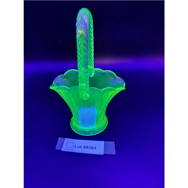 Vintage Uranium Glass Bridal Basket w/Twisted Handle - 8" x 5" x 3"